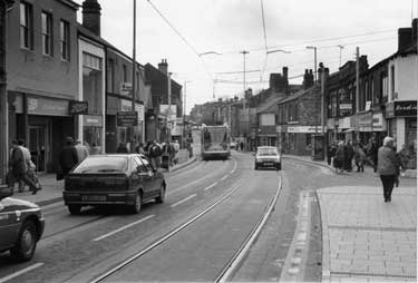 Meadowhall bound Supertram No. 21, Middlewood Road with the junction of Taplin Road first right looking towards Langsett Road