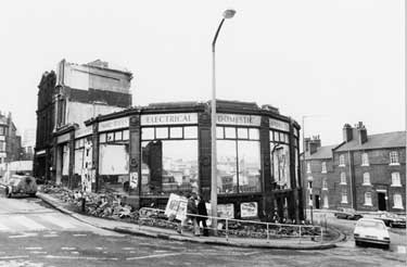West Street (left) and Townhead Street (right) during demolition of The Needham Engineering Co. Ltd, engineering, electrical and radio factors