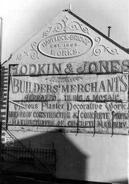 Business sign for Hodkin and Jones, builders merchants, Havelock Bridge Works No. 321 Queens Road at the junction of Myrtle Road