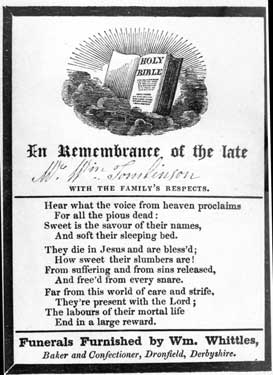 Memorial card for Mr. Wm. Tomlinson who drowned by the bursting of Dale Dyke Dam, Saturday 12 March 1864