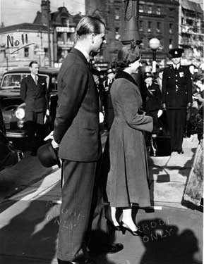 Queen Elizabeth II and HRH Duke of Edinburgh being greeted outside the Town Hall by Lord Mayor, J.H. Bingham 