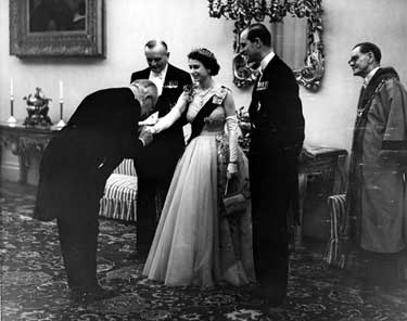 Queen Elizabeth II and HRH Duke of Edinburgh at the evening reception in the Cutlers Hall with Lord Lieutenant of the West Riding, Lord Scarborough in the background left and Lord Mayor, Mr. J.H. Bingham right