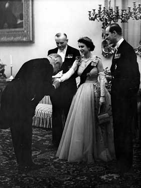 Queen Elizabeth II and HRH Duke of Edinburgh at the evening reception in the Cutlers Hall with Lord Lieutenant of the West Riding, Lord Scarborough in the background left 