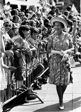 Queen Elizabeth II on a walk about in Fargate during the Royal Visit 