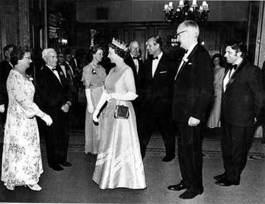 Master and Mistress Cutler, Sir Eric and Lady Mensforth being presented to Queen Elizabeth II by Gerard Young, Lord Lieutenant of South Yorkshire with HRH Duke of Edinburgh, Mr. and Mrs. Graham Murray in the background at the Cutlers Hall