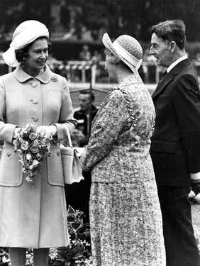 Queen Elizabeth II speaking to Lord Mayor, Councillor Mrs Winifred Mary Golding and Consort Mr. Arthur Golding, Hillsborough Park 