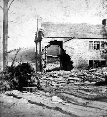 Sheffield Flood. Stereoscopic view No. 7. Remains of Daniel Chapman's house at Little Matlock, Loxley, household of six people were washed away and drowned