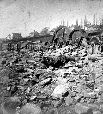 Sheffield Flood. Stereoscopic view No. 11. Remains of William I. Horn and Co., Wisewood Forge and Rolling Mill (Bradshaw Wheel), Loxley Valley