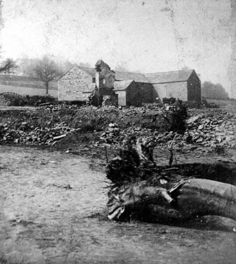 Sheffield Flood. Stereoscopic view No. 13. Remains of Trickett's Farm belonging to James Trickett, at the junction of Rivers Rivelin and Loxley, household of eleven people washed away and drowned