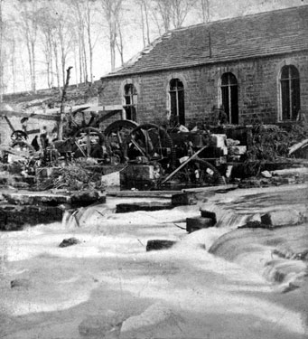 Sheffield Flood. Stereoscopic view No. 20. Remains at H. Johnson and S.J. Barker's, Limbrick Wheels, Rollers and Makers of Crinoline Wires, River Loxley, after part of the debris covering the machinery had been removed