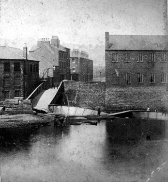 Sheffield Flood. Stereoscopic view No. 25. Remains of Ball Street Bridge. Lion Works (Steel), left, Ball Bridge Works, (Engineering), right
