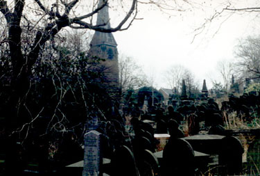 Looking towards the Church of England Mortuary Chapel, in the new portion of General Cemetery. The first stone of the church was laid by Rev. Dr. Sutton, then vicar, May 8th, 1848. The ground consecrated by the Archbishop, June 27th, 1850