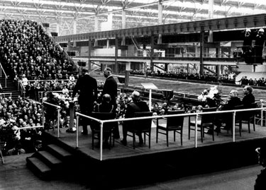 HRH Duke of Edinburgh unveiling the commemorative plaque and starting the No. 2 Mill revolving at the opening of English Steel Corporation, Tinsley Park Works, Shepcote Lane in front of 300 guests