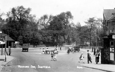 Hunter's Bar, Ecclesall Road, from Junction Road. Endcliffe Park, left. Horse Trough, centre