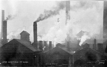 Postcard depicting 'Sheffield at Work'. George Senior and Sons Ltd's Ponds Forge Works, Sheaf Street taken from the junction of Granville Street and Granville Hill looking west.
