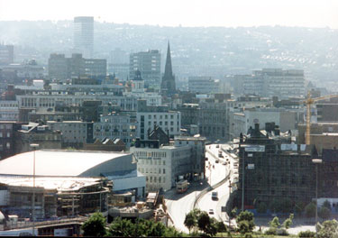 Elevated view of City Centre. Ponds Forge Sports Centre, Commercial Street and old Gas Company Offices in foreground