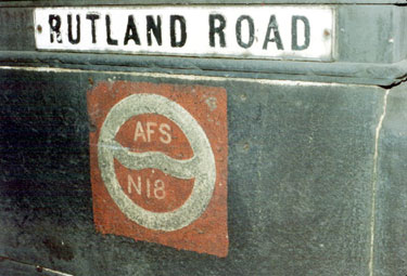 Coloured World War II Auxiliary Fire Service sign and Rutland Road road sign, Rutland Road Bridge over the River Don