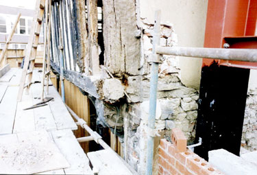 Renovations to the timber-framing, 1992-1993, at Old Queen's Head public house, Pond Hill (formerly the Hall in the Ponds)