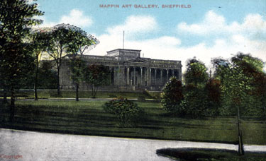 Mappin Art Gallery in Weston Park. Built in the Greek Ionic style, from designs by Flockton and Gibbs, architects. Opened July 27th, 1887 by Sir Frederick T. Mappin