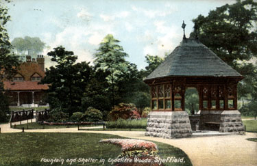 Drinking fountain and shelter, Endcliffe Park. Bowling green pavilion in background