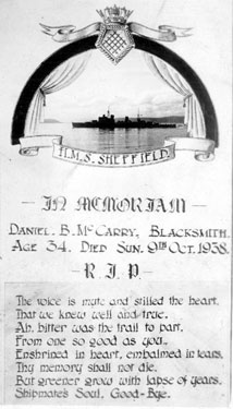 In Memoriam of Daniel B. McCarry, blacksmith, aged 34, died Sunday 9th October 1938, H.M.S. Sheffield