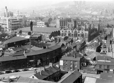 Elevated view of City Centre and Park showing Castlefields Market, Corn Exchange, Park Cinema, South Street 	