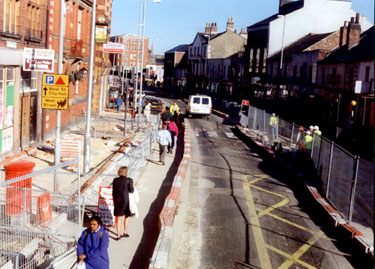 West Street during the construction of Supertram. Beehive Hotel, left