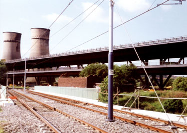 Bridge over the River Don between Meadowhall South junction and Meaowhall Interchange with Tinsley Viaduct and Blackburn Meadows Cooling Towers on left