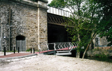 Completed Cobweb Bridge under Victoria Station Viaduct, Five Weirs Walk showing the Sussex Street end