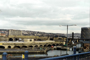 View from Supertram walkway of the Canal Basin and Sheaf Works before restoration