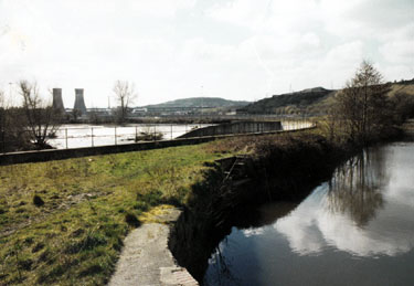 Jordan Lock and Weir, Sheffield and South Yorkshire Navigation with Tinsley Viaduct, Cooling Towers and Wincobank Hill in the background