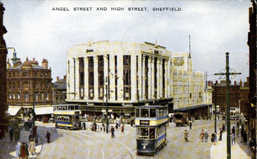 Angel Street (left), High Street and Market Place showing Montague Burton Ltd., tailors, Nos. 51 - 55 High Street, centre