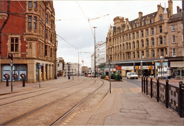 Cathedral Supertram stop, Church Street looking towards High Street with Parade Chambers, East Parade left