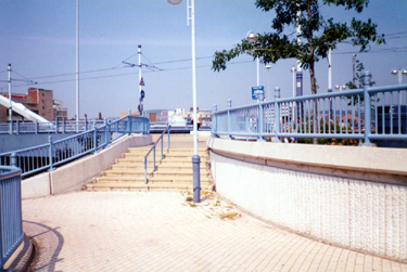 Steps connecting Supertram walkway over Park Square with the footbridge to Ponds Forge Sports Centre