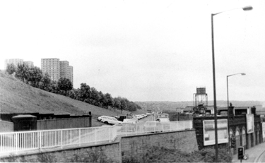 Granville Street from the junction with Gilbert Street (extreme left) from the footbridge over Sheaf Street (right) with Claywood Flats in the background (left)