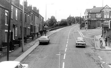 Stannington Road looking towards No. 106, Anvil Inn at the junction with Wood Lane, Malin Road junction extreme right