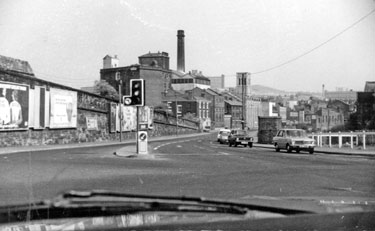 Junction of Bridgehouses/ Chatham Street and Corporation Street looking towards the wall of Bridgehouses Goods Depot approach road; John Aizelwood  Ltd., Crown Flour Mills and  Holy Trinity Church, Nursery Street 