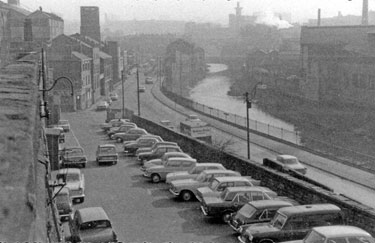 View from Bridgehouses Goods Depot approach road looking towards John Aizelwood Ltd., Crown Flour Mills and  Holy Trinity Church, Nursery Street and the River Don 