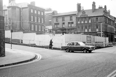 Bank Street at the junction with Meetinghouse Lane looking towards the site due to become Belgrave House; Victoria Chambers (the original Sheffield Hospital for Women); properties on Figtree Lane 