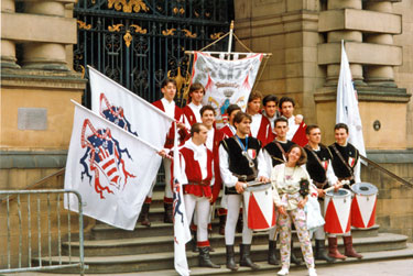 Unidentified group outside the Town Hall during the World Student Games Cultural Festival 