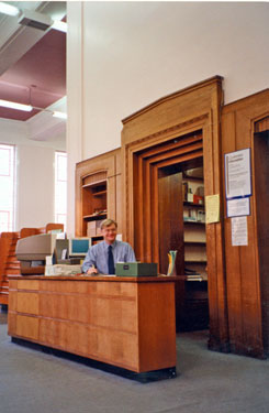 Kevin Green at the 1930's style counter, Arts and Social Science Reference Library, Central Library, Surrey Street before the Dynix computer system became operable