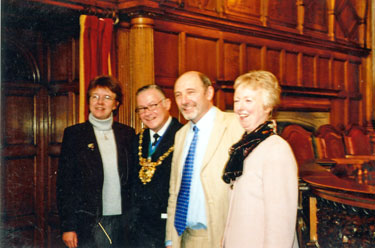 Council Chamber for the official launch of the new Pevsner Architectural Guide to Sheffield with (l to r) Sally Salverson, Yale University Press; Lord Mayor, Mike Pye; John Minnis and Ruth Harman, co-authors and 