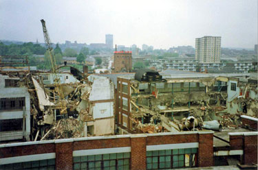 Elevated view from the office block on Cemetery Road of the demolition of A and B Blocks, Dormer Tools Ltd. (formerly Sheffield Twist Drill and Steel Co.), the road between the two buildings is Solferino Street with (back) Wards, Sheaf Brewery
