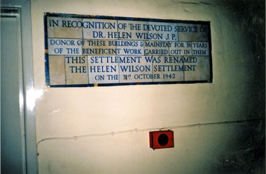 Helen Wilson Memorial Plaque, The Helen Wilson Settlement, Rutland Hall, Nos. 54 - 56 Hicks Street 
