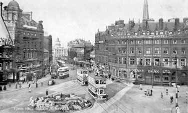 Elevated view of Town Hall Square looking towards Fargate showing Town Hall Square Rockery, foreground, Bank Chambers, left, Carmel House, Albany Hotel and Yorkshire Penny Bank, right 