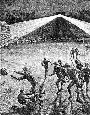 Artists impression of a floodlit football match, Bramall Lane probably the first ever played under floodlights, the match was played between Blues and Reds