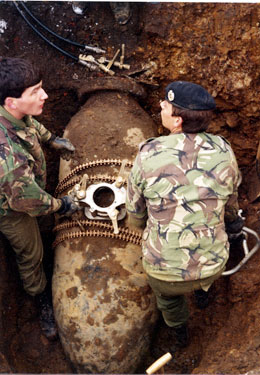 Royal Engineers Bomb Disposal experts diffusing Hermann 1,000kg bomb, Lancing Road which was dropped 12-13th December 1940 discovered during excavation work for drain laying 
