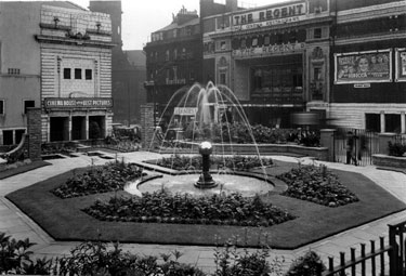 Barkers Pool showing the City Hall Gardens, also known as Balm Green Gardens, (which were funded by J.G. Graves), Cinema House and The Regent