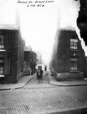 Looking down Jessop Lane from Nos. 101-103 Porter Street. Entrance to Court No. 1, on left (where boy is standing).
