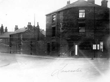 Back to back housing and entrance to Court 2, Lancaster Street from Ball Street, stood opposite the Cardigan Tavern